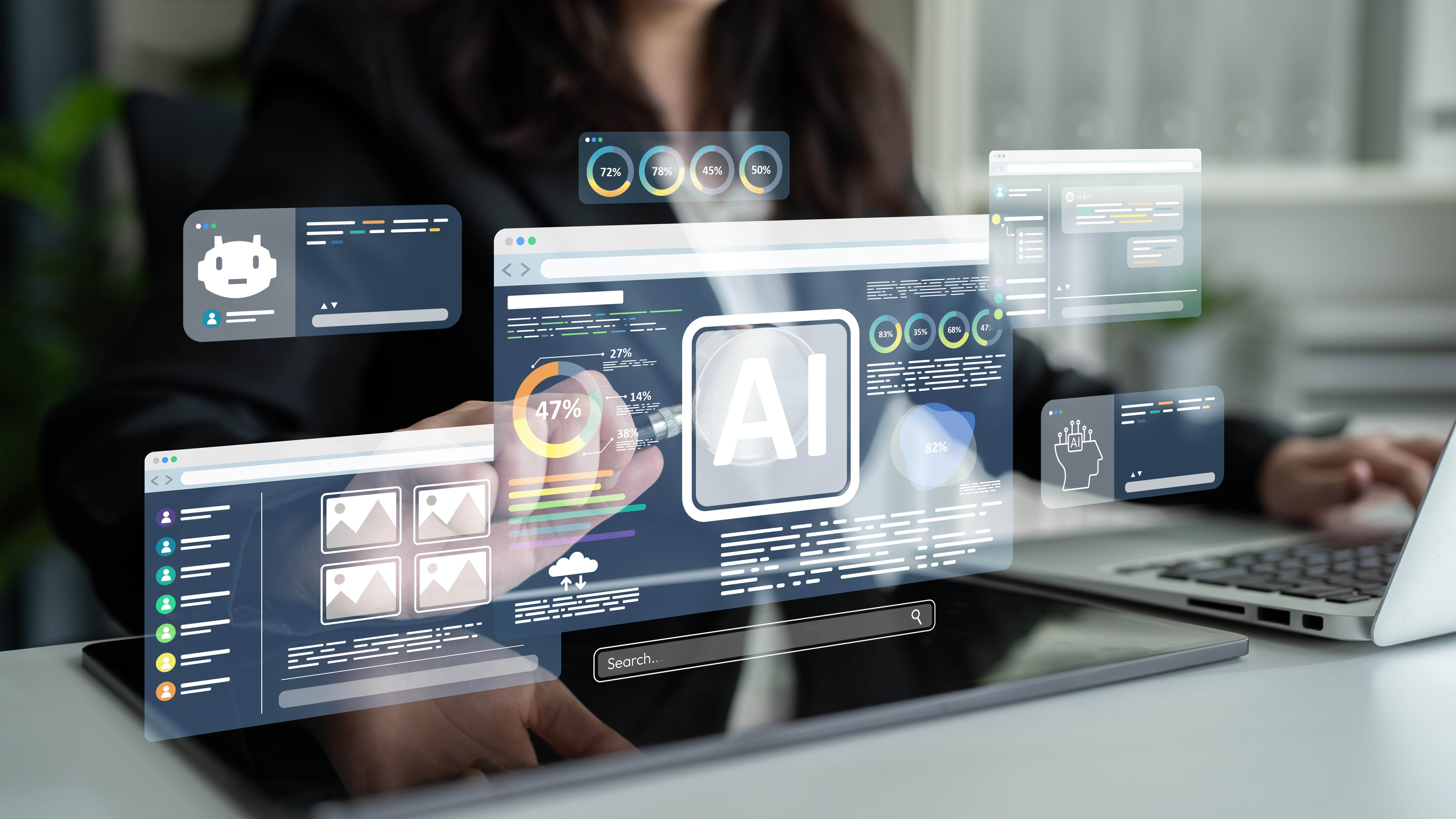 Floating AI-related dashboards, charts, and analytics visualizations