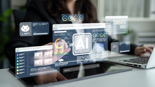 Floating AI-related dashboards, charts, and analytics visualizations